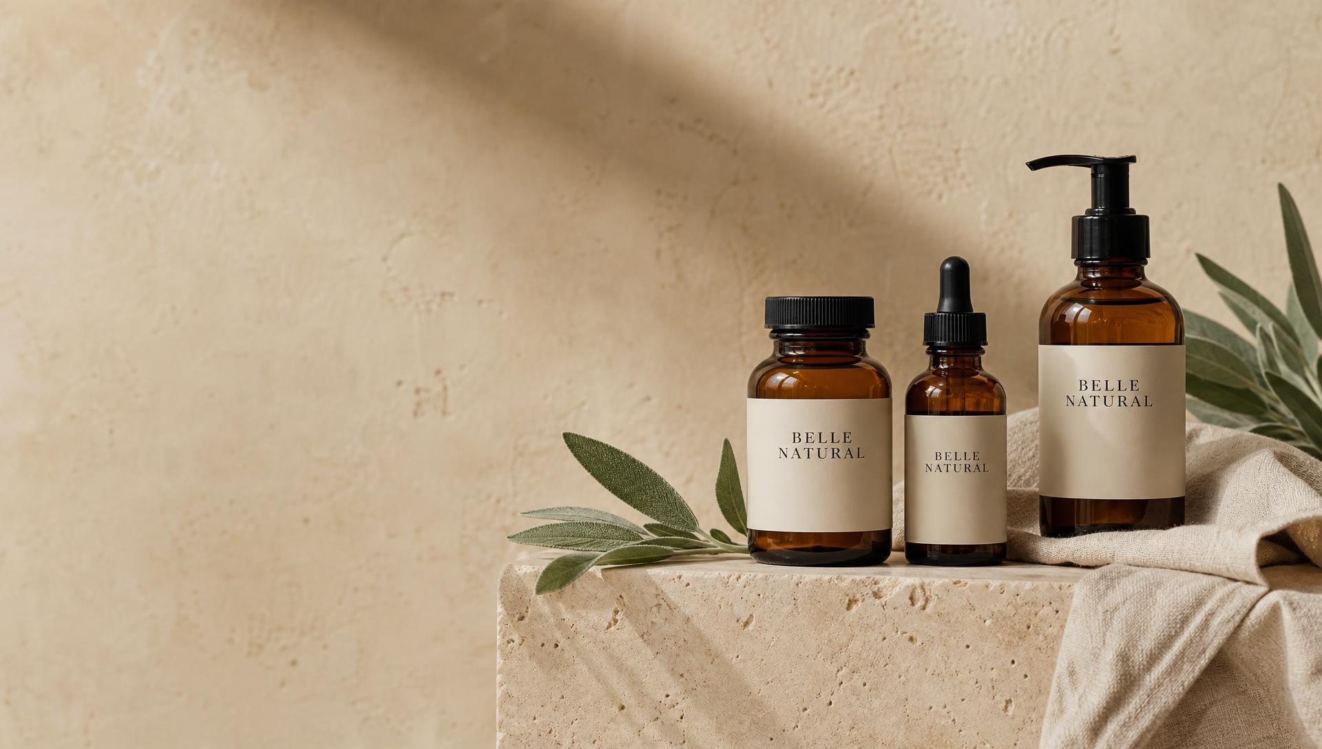 Frascos de skincare Belle Natural sobre pedra clara com folhas de sálvia