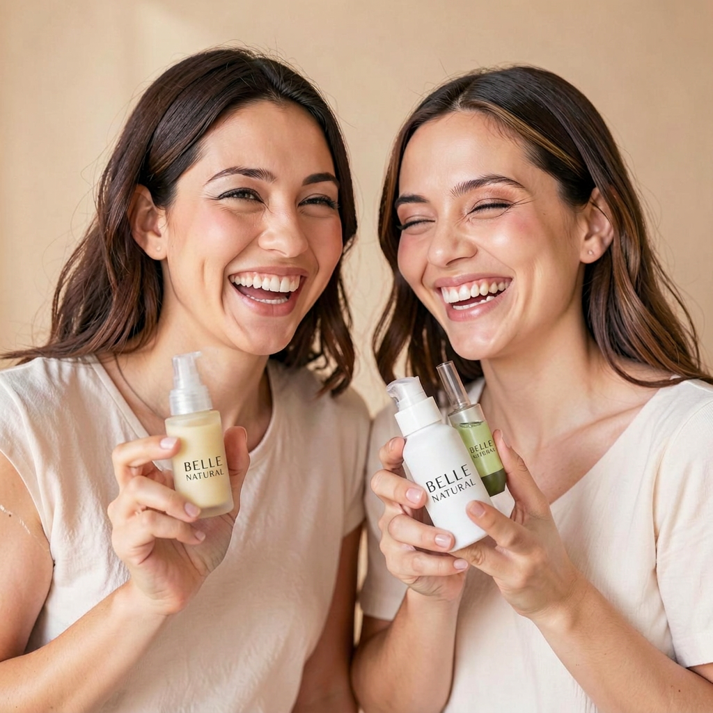 Duas clientes sorrindo com os produtos Belle Natural nas mãos