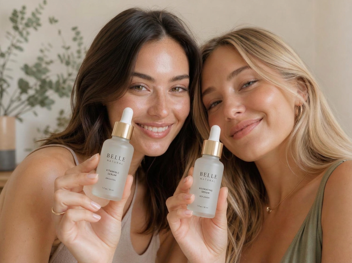 Clientes Belle Natural segurando os séruns da marca